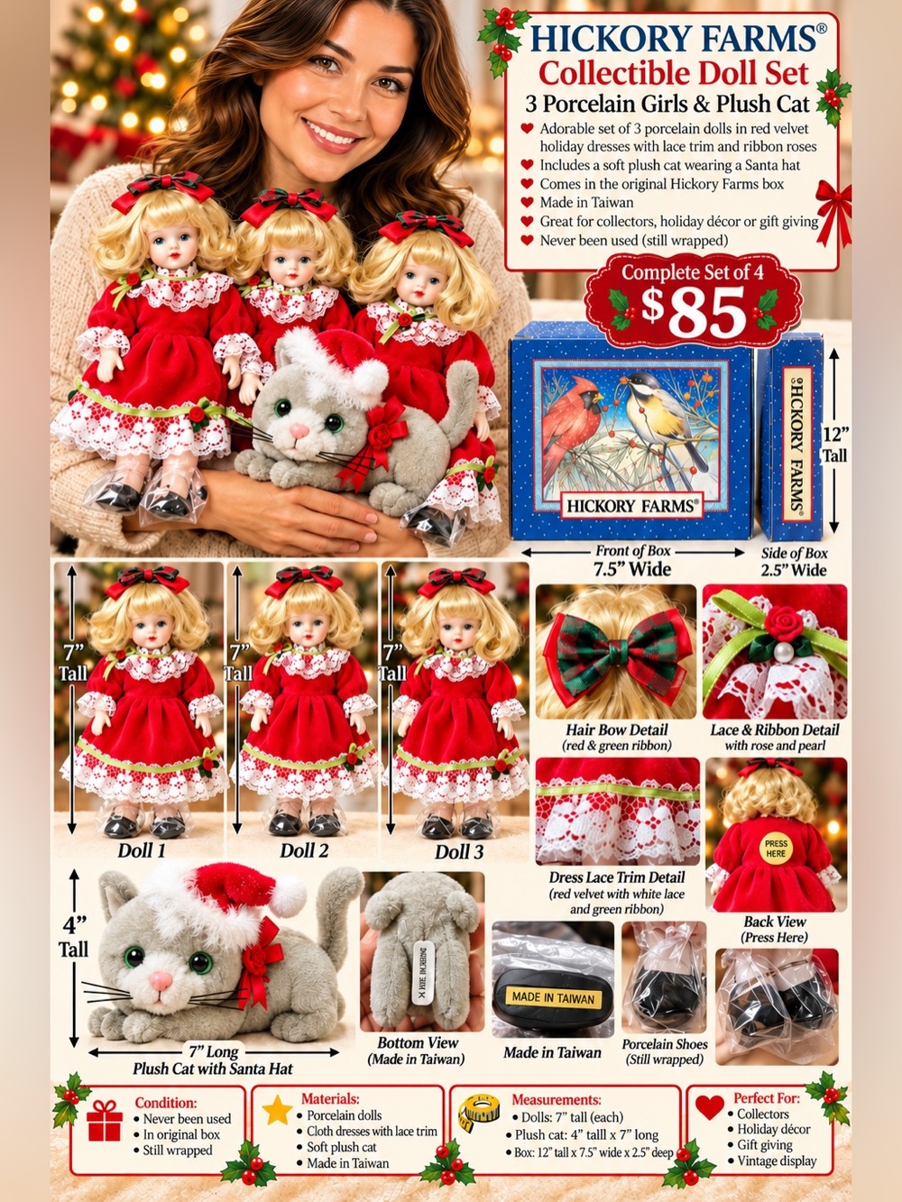 Collectible Porcelain Doll Set with Plush Cat - Red Holiday Dresses